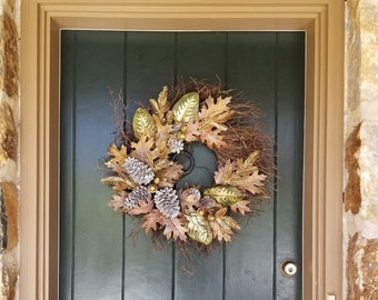 Fall Wreaths for Front Door, Thanksgiving Wreath, Wall Decor, Golden Leaf and Pine Cone Wreath, Winter and Fall Season Wreath, Fall Wreath