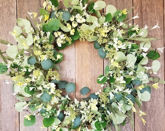 Spring Wreaths for Front Door, Farmhouse Greenery and Wildflower Wreath, Year Round Neutral Wreath, Mixed Greenery Decor, Farmhouse Wreath