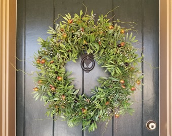 Olive Branch Wreath for Front Door, Year Round Greenery Wreath, Botanical Wreath, Tuscan Wall Decor, Kitchen Wreath, Mother's Day Gift