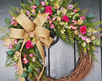 Pink Pansy Spring Wreath, Spring Wreaths for Front Door, Farmhouse Wall Decor, Summer Wreath, Garden Accent, Front Door Wreath, Cottagecore