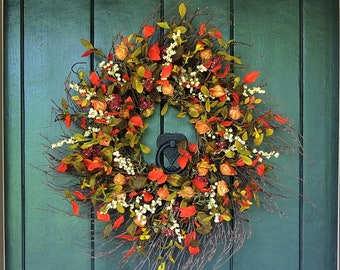 Fall Wreaths for Front Door, Pumpkin Spice - Chinese Lantern and Berry Wreath, Autumn Wreath, Harvest Wreath, Wall Decor, Farmhouse Decor