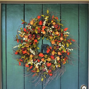 Fall Wreaths for Front Door, Pumpkin Spice - Chinese Lantern and Berry Wreath, Autumn Wreath, Harvest Wreath, Wall Decor, Farmhouse Decor