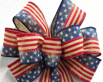 Patriotic Wreath Bow, July 4th Wreath Bow, Red White & Blue Lantern Bow, Labor Day Bow, USA Wreath Bow, Hand Tied Patriotic Bow, America 250