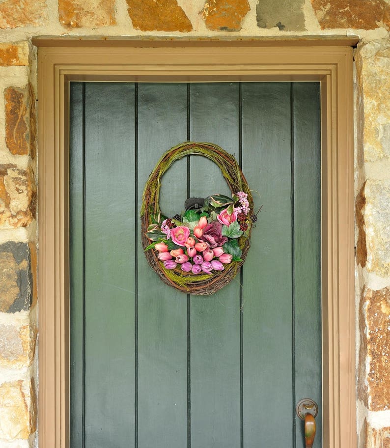 Garden Decor Spring Wreath Easter Whimsical Tulip Mother/'s Day Gift Eggs Spring Kale and Rose Wreath Tulip Twist Easter Wreath