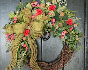 Handmade Pink Pansy Wreath – Farmhouse Garden Decor, 24 Inch Floral Summer Wreath