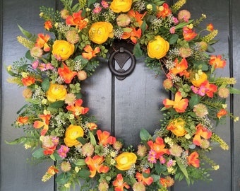 Spring Wreaths for Front Door, Ranunculus and Wildflower Wreath, Summer Front Door Wreaths, Mother's Day Gift, Easter Decor, Farmhouse