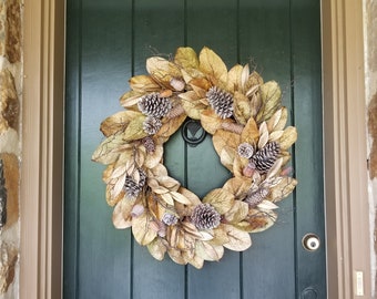 Fall Wreaths for Front Door, Magnolia and Pine Cone Wreath, Fall Farmhouse Decor, Thanksgiving Wreath, Harvest Wall Wreath, Harvest Decor
