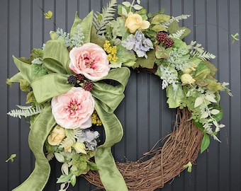 Spring Wreaths for Front Door, Hydrangea and Rose Wreath, Bridal Decor, Summer Wreaths for Front Door, Spring Decor, Mother's Day, Easter