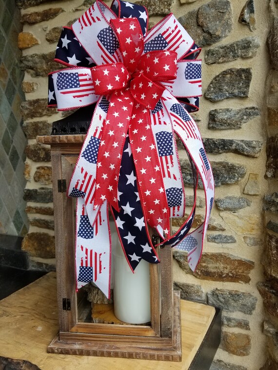 Patriot Handmade Wired Ribbon Bows – Blue Red White Stars With Red Truck – Set Of 10
