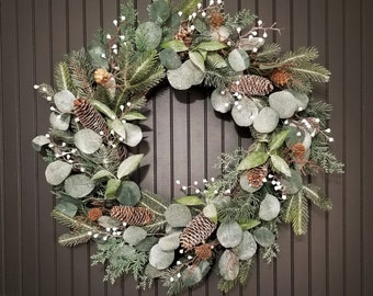 Christmas Wreaths for Front Door, Winter Pine and Iced Tallow Berry Wreath, After Christmas Wreath, Rustic Winter Wreath, Farmhouse Wreath