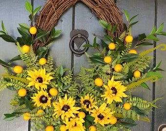 Spring Wreaths for Front Door, Sunflower and Lemon Wreath, Lemon Wreath for Front Door, Lemon Decor, Sunflower Wreath, Summer Wall Decor