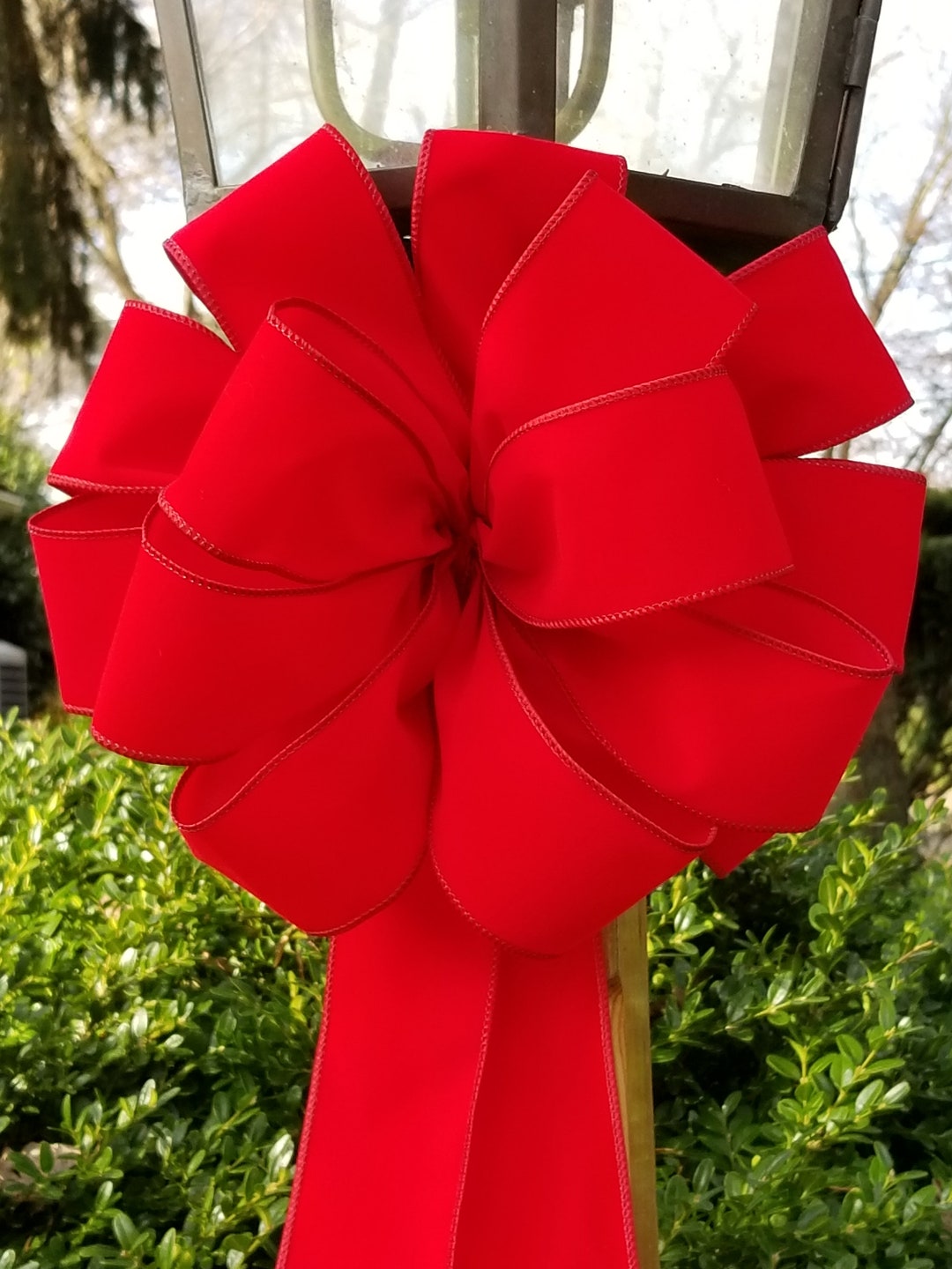 Christmas Wreath Bow, Red Velvet Wired Bow, Window Bow, Red Indoor/ Outdoor Christmas Bow