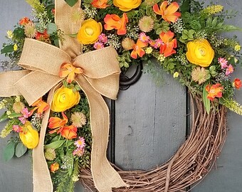 Spring Wreaths for Front Door, Ranunculus and Wildflower Wreath, Summer Front Door Wreaths, Mother's Day Gift, Easter Decor, Farmhouse