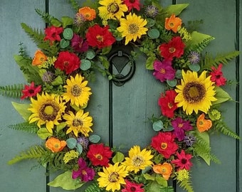 Summer Wildflower Wreath, Sunflower Wreath, Summer Wreaths for Front Door, Summer Garden Wreath, Farmhouse Wreath, Summer Wall Decor