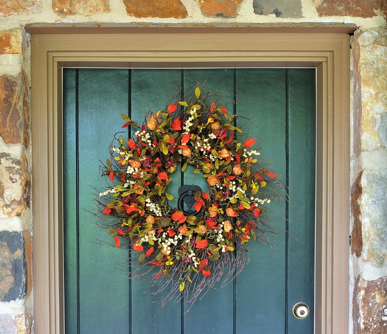 Fall Wreaths for Front Door, Pumpkin Spice - Chinese Lantern and Berry Wreath, Autumn Wreath, Harvest Wreath, Wall Decor, Farmhouse Decor