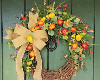 Spring Wreaths for Front Door, Poppy and Wildflower Wreath, Summer Front Door Wreaths, Mother's Day Gift, Easter Decor, Farmhouse  Decor,