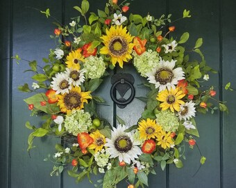White and Yellow Sunflower Wreath, Fall Wreaths for Front Door, Farmhouse Wreath, Rustic Fall Wreath, Wall Decor, Late Summer Wreath