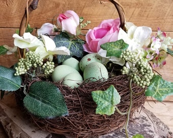 Farmhouse Floral Arrangement, Rose and Hydrangea Basket, Garden Party Decor, Mother's Day Gift, Rustic Table Decor, Wedding Decoration