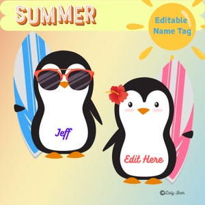 Summer Penguin Name Tags Editable desk Plates , Cubby Name Tags , Penguin Name Tags , Digital Download , Summer Name Tags