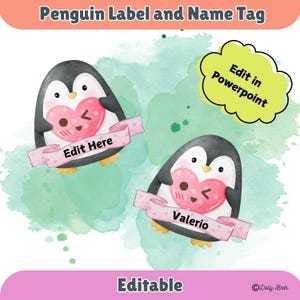 Penguin valentine&#39;s Day Name Tags Editable desk Plates , Cubby Name Tags , Penguin Name Tags , Digital Download , Summer Name Tags