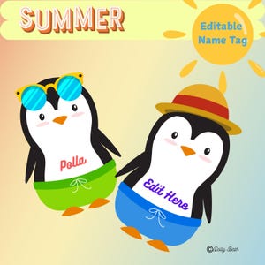Summer Penguin Name Tags Editable desk Plates , Cubby Name Tags , Penguin Name Tags , Digital Download , Summer Name Tags