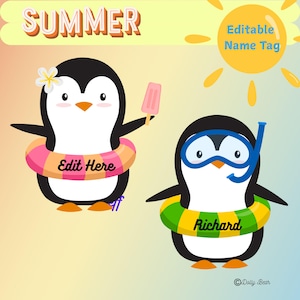 Summer Penguin Name Tags Editable desk Plates , Cubby Name Tags , Penguin Name Tags , Digital Download , Summer Name Tags