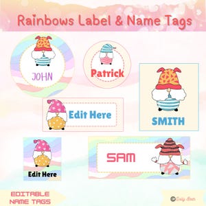 Summer Name Tags Editable desk Plates , Cubby Name Tags , Rainbow Name Tags , Digital Download , Gnome name tags