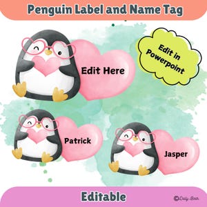 Penguin valentine&#39;s Day Name Tags Editable desk Plates , Cubby Name Tags , Penguin Name Tags , Digital Download , Summer Name Tags