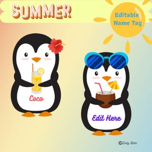 Summer Penguin Name Tags Editable desk Plates , Cubby Name Tags , Penguin Name Tags , Digital Download , Summer Name Tags