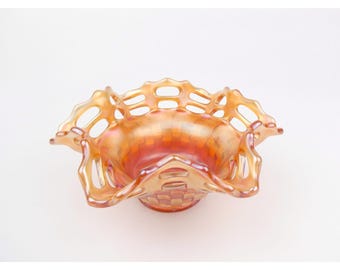 Vintage Marigold Iridescent Carnival Glass Basketweave Candy Dish Bowl