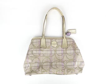 Coach Signature Khaki Purple Gold Plaid Kiss Lock Shoulder Bag F17213