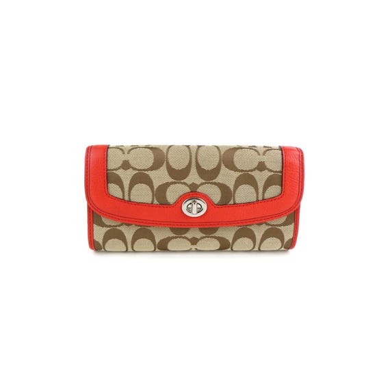 Coach Signature Khaki Vermillion Trifold Wallet