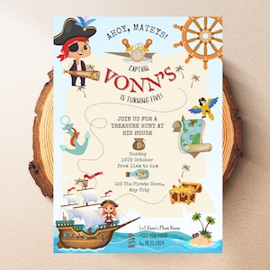 Faire-part d'anniversaire pirates, soirée à thème pirate, carte au Trésor, invitation de fête, anniversaire de pirate pour enfants, modèle modifiable, modèle CANVA