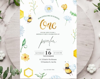 Minimalist Bee First Birthday Invitation: Editable Canva Template (Digital Download)