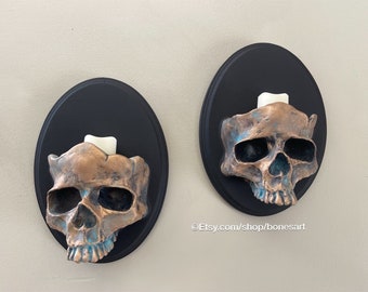 Faux Bronze Painted Gothic Skull Sconces