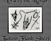 Lord of the Rings Tattoo Flash Sheet | Sauron Witch King Fantasy Art | Digital Download | A4 Printable Design | LOTR Tolkien Wall Art