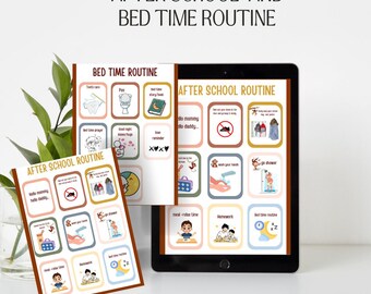 May include: A digital tablet displaying a visual schedule for after school and bedtime routines. The schedule includes icons and text for activities like "hello mummy/daddy", "wash your hands", "homework", and "bedtime routine".