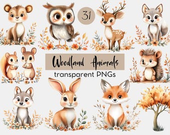 Autumn Woodland Animals Watercolor Clipart Set (Digital Download)