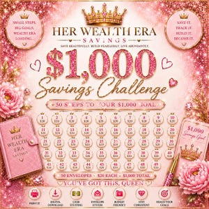 May include: A pink glittery savings challenge tracker featuring the text Her Wealth Era Savings, a $1,000 goal, and 50 numbered circles each marked $20. The design includes a crown, floral accents, a small pink binder, and icons for digital download.