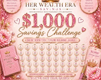 1,000 Savings Challenge Printable | Cash Stuffing & Money Savings Tracker