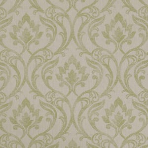 May include: A repeating floral damask pattern on wallpaper, in light green and beige. The design has a textured appearance, with a subtle, vintage aesthetic. The pattern is seamless.