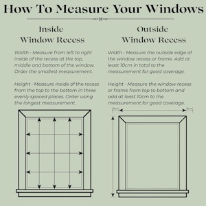 May include: An instructional graphic titled "How To Measure Your Windows." It provides diagrams and instructions for measuring window recesses, both inside and outside. The text explains how to measure width and height for accurate measurements.