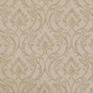 May include: A beige wallpaper with a repeating damask pattern. The design features stylized floral and scroll motifs in a lighter beige, creating a subtle contrast. The background has a textured appearance, giving a classic and elegant feel to the wallpaper.