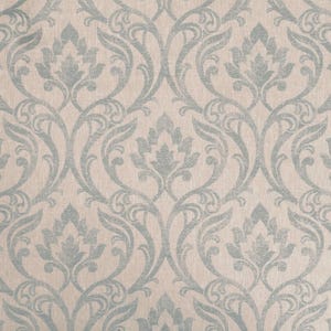 May include: A repeating pattern featuring floral and scroll motifs in a muted blue-grey hue set against a cream backdrop. The design is symmetrical, with each floral element mirrored. The overall aesthetic is one of classic elegance, suitable for various applications.