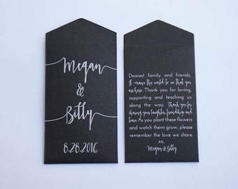 DIY Black & White Custom Seed Packet Wedding Favors - Script Names Design - Personalized Seed Envelope Wedding Favor - Many Colors Available