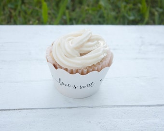 White Love is Sweet Wedding Cupcake Wrappers - Custom Cupcake Wraps - Personalized Cupcake Wrap - Bridal Shower - Many Colors Available