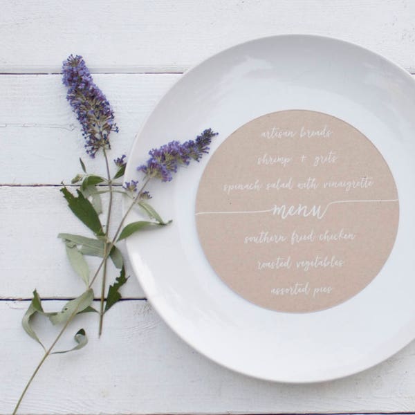 25+ Round Kraft Wedding Plate Menu - Rustic Wedding Menu Table Decor - Custom Wedding Menu - Round Plate Menu Cards -  Many Colors Available