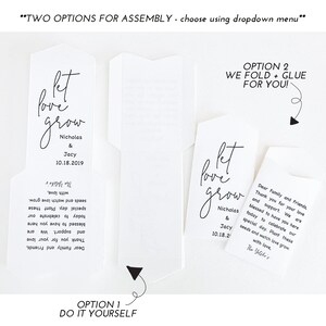 May include: Two options for assembling a wedding favor: "Let love grow" seed packet with the names Nicholas & Jacy and the date 10.18.2019. Option 1: Do it yourself. Option 2: We fold and glue for you.