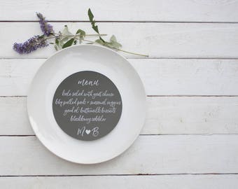 25+ Slate Gray Wedding Plate Menu - Rustic Wedding Menu Cards - Grey Custom Wedding Menu - Round Plate Menu Cards -  Many Colors Available