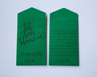 DIY Emerald Green Let Love Blossom Custom Seed Packet Wedding Favors - Personalized Seed Envelope Wedding Favors - Many Colors Available